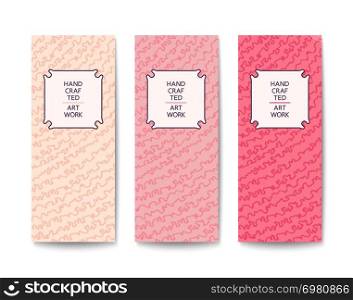 Fashion stylish banner with quirky pattern design. Pink color hues. Flat Vector template. Three fashion stylish banner