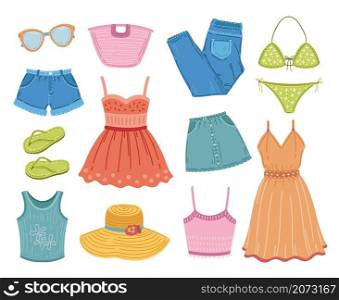 Fashion summer clothes. Clothing clipart, flat dress swimsuit textile. Vacation outfit, sundress and shorts, trendy apparel exact vector set. Illustration summer dress fashion, clothes design. Fashion summer clothes. Clothing clipart, flat dress swimsuit textile. Vacation outfit, sundress and shorts, trendy apparel exact vector set