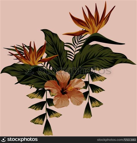 Fashion summer tropical floral composition botanical print. Hibiscus, leaves, beauty bird of paradise flowers. Spring wallpaper
