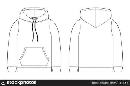 Fashion technical sketch for men hoodie. Mockup template hoody. Front and back view. Technical drawing kids clothes. Sportswear, casual urban style. Isolated object of stylish wear. Fashion technical sketch for men hoodie. Mockup template hoody.