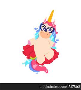 Fashion unicorn. Isolated little pony with rainbow tail in glasses and red skirt. Cartoon fairytail hero print vector illustration. Unicorn and pony, rainbow horse. Fashion unicorn. Isolated little pony with rainbow tail in glasses and red skirt. Cartoon fairytail hero print vector illustration