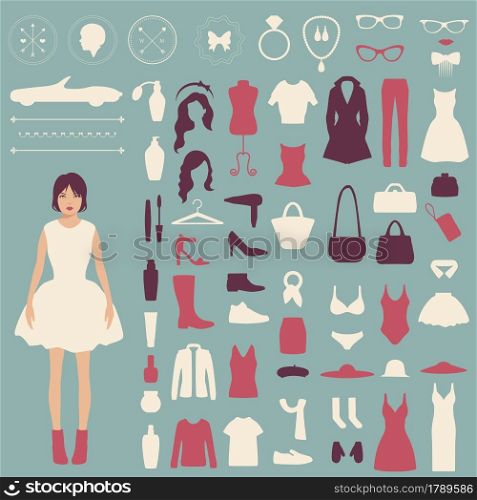 fashion vector icons, collection of woman accessories, clothes jewelry and cosmetics