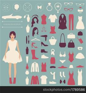 fashion vector icons, collection of woman accessories, clothes jewelry and cosmetics