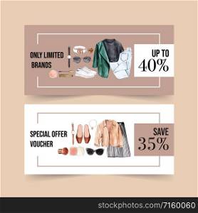 Fashion voucher design with cosmetics, outfit watercolor illustration.