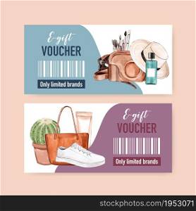 Fashion voucher design with outfit, accessories, cosmetic watercolor illustration.