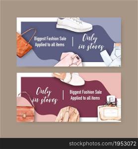 Fashion voucher design with shirt, bag, perfume, jeans watercolor illustration.