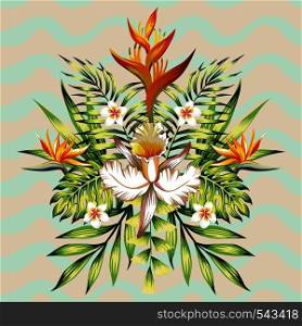 Fashion wallpaper mirror composition of tropical flowers frangipani, lotus, bird of paradise, Strelitzia, leaves banana palms and plants on the background of wavy gray mint color