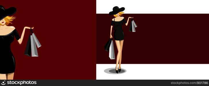 Fashion woman holding shopping bag on red background vector illustration