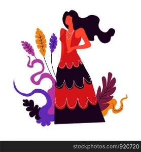 Fashion woman modeling , walking straight, foliage decor elements vector. Pretty girl model wearing stylish clothes, female in jacket and trousers. Glamour person on heels, decoration leaves. Fashion woman modeling , walking straight, foliage decor elements vector.