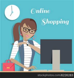 Fashion Woman Online Shopping with Computer. Fashion woman online shopping with computer. Young pretty girl or woman with glasses sits at computer and makes online shopping through the Internet. Banner drawing in flat style. Vector illustration