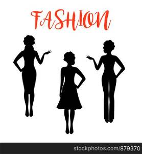 Fashion woman silhouette in different poses isolated on white background in different business styles. Vector illustration. Fashion woman silhouette in business style
