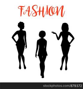 Fashion woman silhouette in different poses isolated on white background in tight dresses. Vector illustration. Fashion woman silhouette in tight dresses