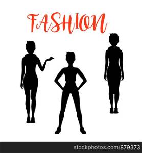 Fashion woman silhouette in different poses isolated on white background with short hairstyle. Vector illustration. Fashion woman silhouettes in different poses