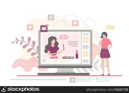 Fashion woman watching beauty blog and talking on smartphone. The female blogger talks about the latest cosmetics. Vlog on monitor screen. Community in social network. Trendy vector illustration