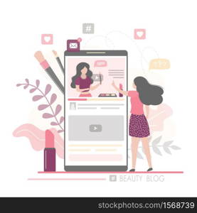 Fashion woman watching beauty blog and talking on smartphone. The female blogger talks about the latest cosmetics. Vlog on mobile screen. Community in social network. Trendy vector illustration