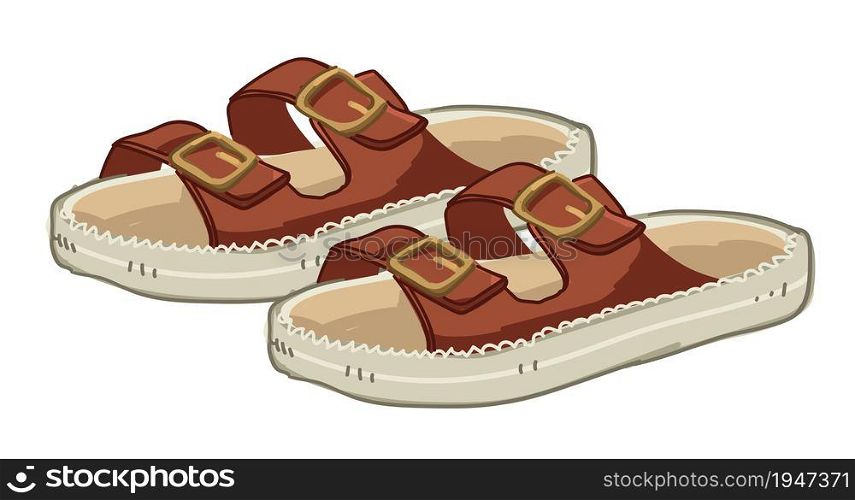 Fashionable and trendy footwear for safari apparels and outfits. Isolated pair of shoes, sandals with straps and clasps, comfortable wear for every day. Accessories and look. Vector in flat style. Sandals designed in safari style, fashion clothes
