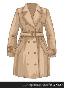 Fashionable autumn or spring clothes for women, isolated trench coat traditional french clothing for elegant outfit. Jacket with belt and buttons. Formal dressing for outside. Vector in flat style. Trenchcoat with belt and buttons, autumn clothes