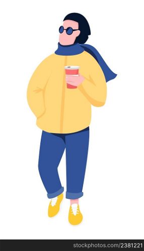 Fashionable celebrity with cup of coffee semi flat color vector character. Posing figure. Full body person on white. Park visitor simple cartoon style illustration for web graphic design and animation. Fashionable celebrity with cup of coffee semi flat color vector character