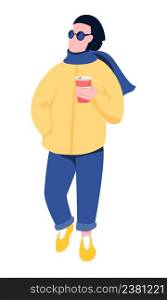 Fashionable celebrity with cup of coffee semi flat color vector character. Posing figure. Full body person on white. Park visitor simple cartoon style illustration for web graphic design and animation. Fashionable celebrity with cup of coffee semi flat color vector character
