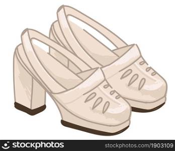 Fashionable clothes and trends of 1970s, isolated pair of women shoes on high heels, made of leather. Elegant clothing and outfits for ladies in 70s, stylish modern footwear. Vector in flat style. Women shoes and clothes trends, footwear of 1970s