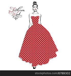 Fashionable girl in red dress. Vector beautiful fashionable girl in a long red dress with pattern polka dots and inscription Fashion Week
