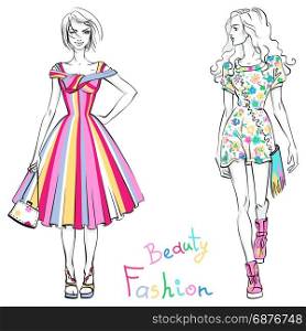 Fashionable girls in summer dresses. Vector beautiful fashionable girls in colorful dresses with inscription Beauty and Fashion