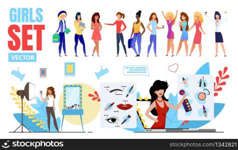 Fashionable Girls Trendy Flat Vector Multinational Characters Set. Happy Women, Female Student Standing in Various Poses, Beauty Video Blogger Filming Vlog, Business Lady Drinking Wine Illustrations