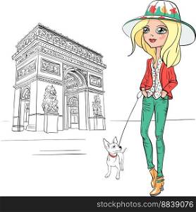 Fashionable hipster girl tourist in boots and hat with cute dog in Paris. Vector beautiful fashion girl in Paris