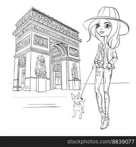 Fashionable hipster girl tourist with cute dog in Paris. Black and white illustration for coloring book.. Vector beautiful fashion girl in Paris