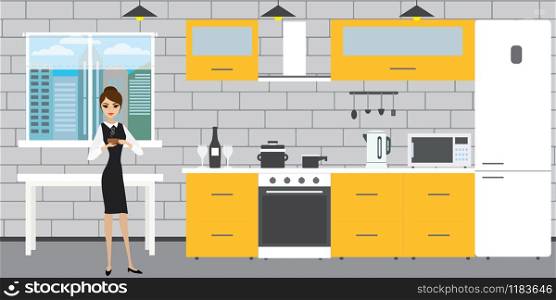 Fashionable kitchen interior on a brick wall background,window and table, caucasian woman with a mug of coffee,flat vector illustration. Fashionable kitchen interior on a brick wall background,window a