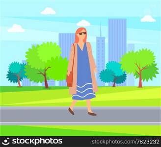 Fashionable lady in summer or spring cloth walking on nature. Vector pretty woman on walk in city park, female in sunglasses, long blue dress having fun outdoors. Flat cartoon. Fashionable Lady in Summer or Spring Cloth Walking
