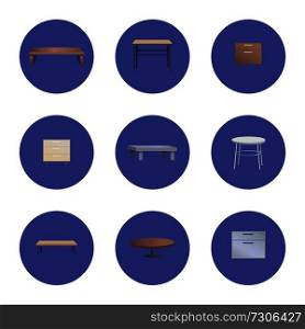 Fashionable modern convenient wooden coffee and bedside tables inside blue circles isolated cartoon flat vector illustrations set on white background.. Fashionable Wooden Coffee and Bedside Tables Set