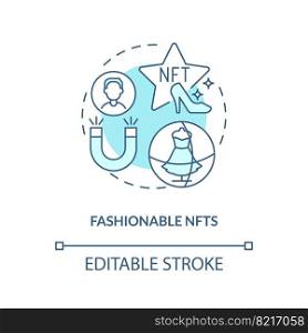 Fashionable NFTs turquoise concept icon. Blockchain. Trend in digital space abstract idea thin line illustration. Isolated outline drawing. Editable stroke. Arial, Myriad Pro-Bold fonts used. Fashionable NFTs turquoise concept icon
