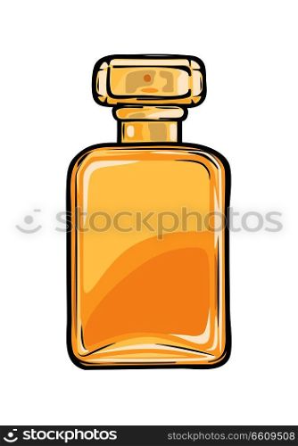 Fashionable perfume in glass yellow flask close-up on background. Luxury fragrance in beautiful bottle. Vector illustration of fashion. Perfumery icon for infographics, websites and app.. Fashionable Perfume in Glass Yellow Flask Close-up