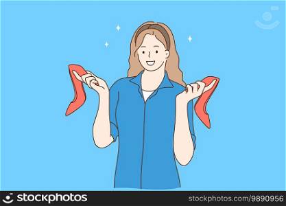 Fashionable red high heels shoes and glamorous footwear concept. Young pretty smiling woman cartoon character standing and holding pair of stylish red shoes in hands over blue background . Fashionable red high heels shoes and glamorous footwear concept