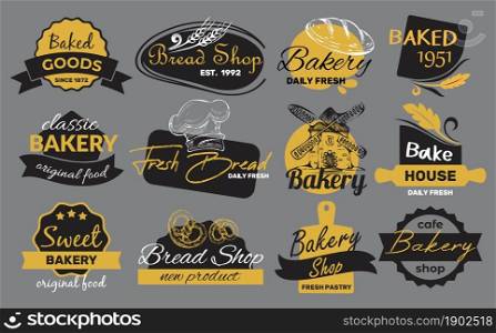 Fashionable sticker for bread product, vector illustration. Vintage mill label lettering bakery. Chef&rsquo;s hat logo, fresh bread. Promotional label for premium bakery products. Advertising brand layout.. Fashion sticker for bread product, set