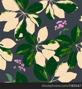 Fashionable tropical garden leaves with purple wildflowers seamless pattern on dark background,for decorative,apparel,fabric,textile,print or wallpaper,vector illustration