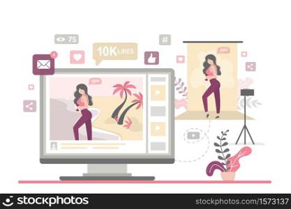 Fashionable woman shoots videos on her channel and tells her subscribers about travel and sport. Fitness girl create video. Online content production technology. Trendy flat vector illustration