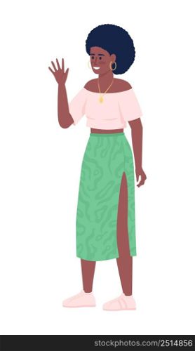 Fashionable woman waving hand semi flat color vector character. Standing figure. Full body person on white. Greeting with smile simple cartoon style illustration for web graphic design and animation. Fashionable woman waving hand semi flat color vector character