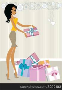 Fashionable woman with a large pile of gifts