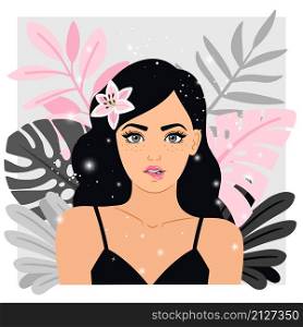 Fashionable woman with flower in hair. Cartoon beautiful romantic lady, young fashion model, vector illustration of colorful portrait of female against background of branches. Fashionable woman with flower