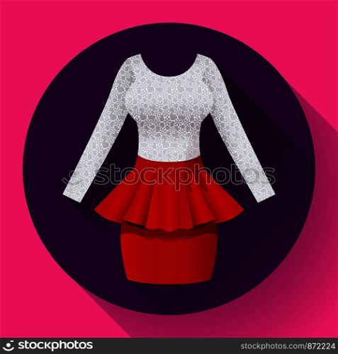 Fashionable womens clothing dress with red skirt and lacy blouse.. Fashionable womens clothing dress with red skirt and lacy blouse