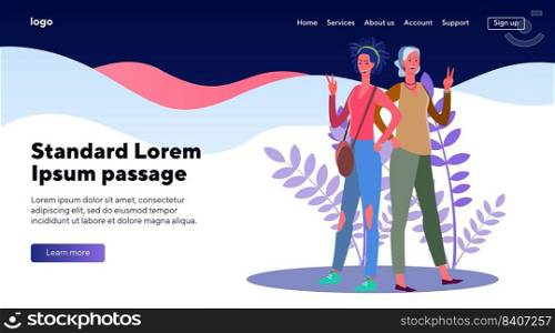 Fashionable young and middle aged women posing. Mom and daughter making V-sign flat vector illustration. Women fashion, stylish female customers concept for banner, website design or landing web page 