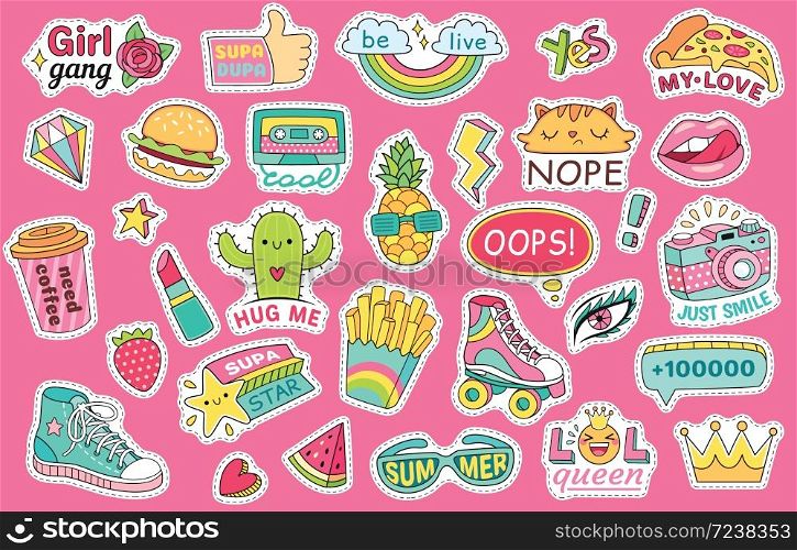 Fashioned girl badges, stickers with rainbow and burger, sneaker and glasses, lipstick and watermelon. Pins and patches isolated on pink background in comic style vector illustration. Fashioned girl badges, stickers with rainbow and burger, sneaker and glasses, lipstick and watermelon