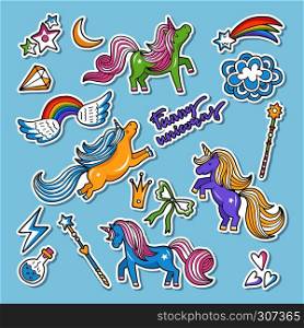 Fashioned vector stickers. Nineties retro style. Unicorn, rainbow an other magic elements. Set of sticker cartoon unicorn, illustation of stickers wing and potion. Fashioned vector stickers. Nineties retro style. Unicorn, rainbow an other magic elements