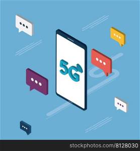 Fast 5G internet connection concept. Chat in mobile phone or smartphone on message app in fast connection, dialogue with speech bubbles. Icon set in isometric vector illustration on green background.