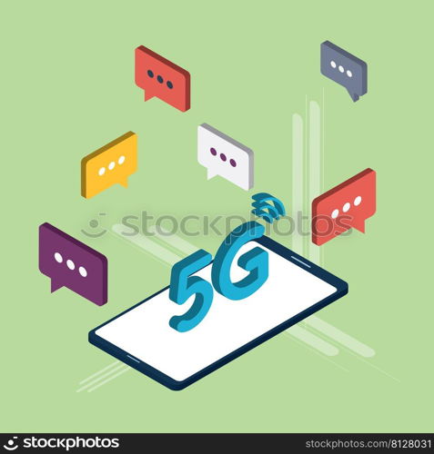 Fast 5G internet connection concept. Chat in mobile phone or smartphone on message app in fast connection, dialogue with speech bubbles. Icon set in isometric vector illustration on green background.
