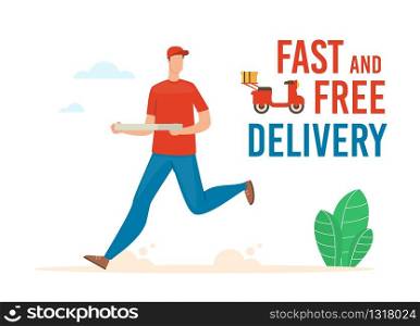 Fast and Free Pizza Delivery Service Trendy Flat Vector Advertising Banner, Poster Template. Fast Food Restaurant Deliveryman, Courier Hurrying, Running with Pizza Cardboard Box in Hands Illustration