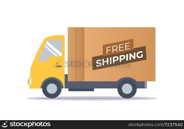 Fast and free shipping delivery truck. Delivery truck transporting a cardboard package. Vector stock