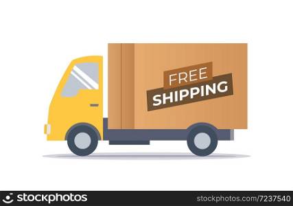 Fast and free shipping delivery truck. Delivery truck transporting a cardboard package. Vector stock